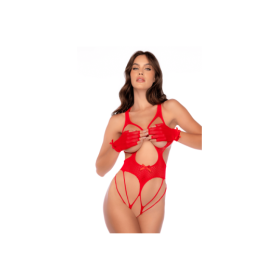 Body en résille rouge, seins nus avec gants assortis - Mapalé